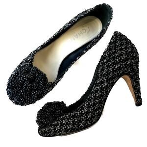 CHANEL Classic Tweed CC Camellia Flower Heel Pumps Black White IT 38.5